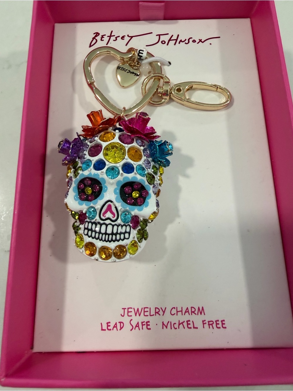Betsey Johnson White Multicolor Jeweled Sugar Skull Keychain Charm